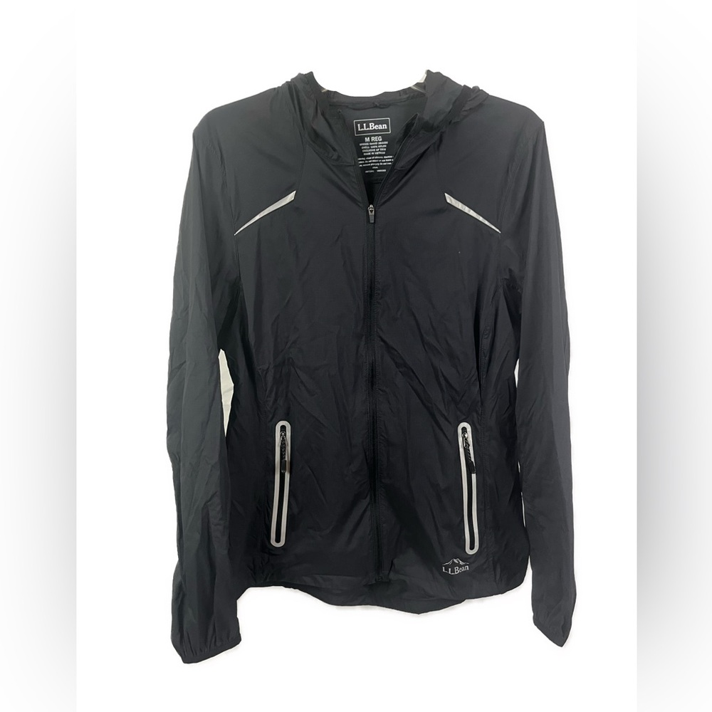 L.L. Bean Women's Full Zip Lightweight Packable Black Hooded Windbreaker- Size M